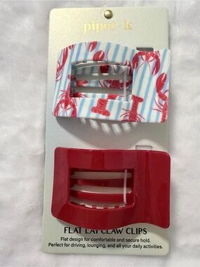 Piper K Set of Two Flat Jaw Claw Clips - Red & White/Blue Lobster Print
